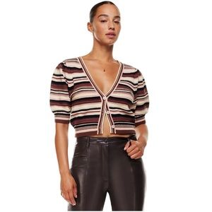Aritzia Striped Short Sleeve V-Neck Cardigan in Cream, Brown, Black and Pink